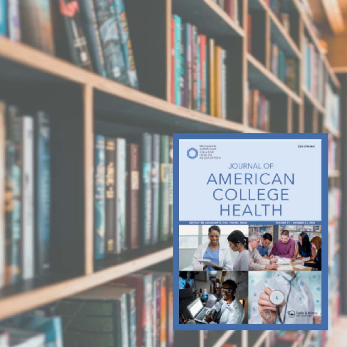 JACH A cover of the Journal of American College Health on top of a background of library bookshelves
